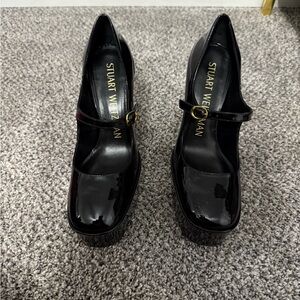 Stuart Weitzman Black Patent Mary Janes with Chunky Heel